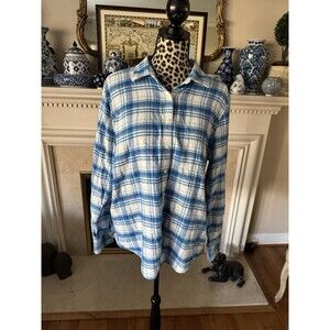 Lands End women's flannel blue plaid button down all cotton long sleeve shirt 16